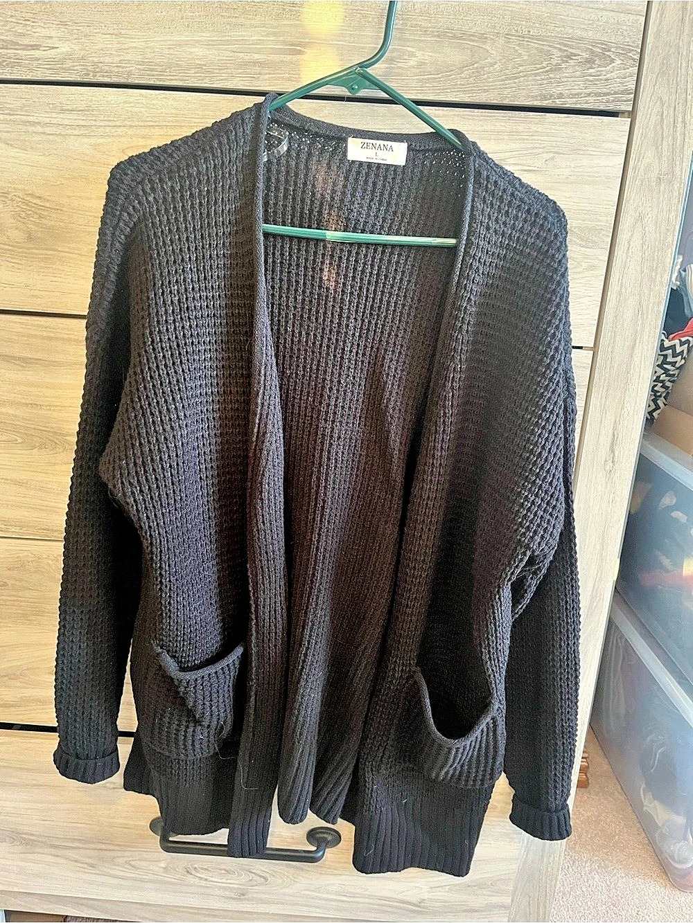 Zenana Low Gauge Waffle Open Cardigan Sweater Black